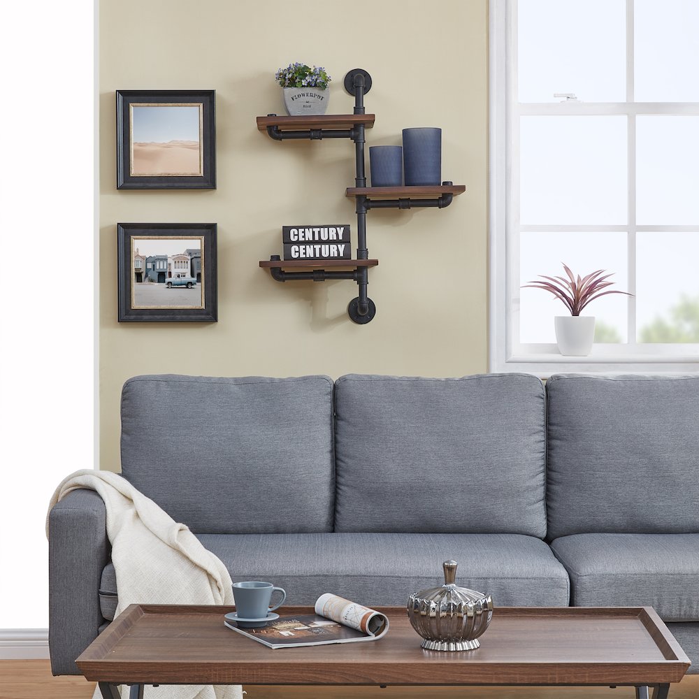 3-Tier Staggered Industrial Rustic Pipe Shelving Unit - Wall Mount. Picture 4