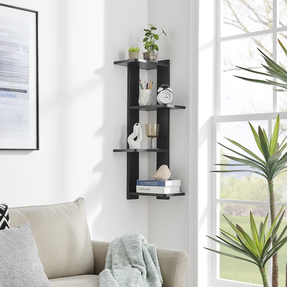 Alvar Corner 4-Tier Floating Ledge Column Wall Shelf - Black. Picture 6