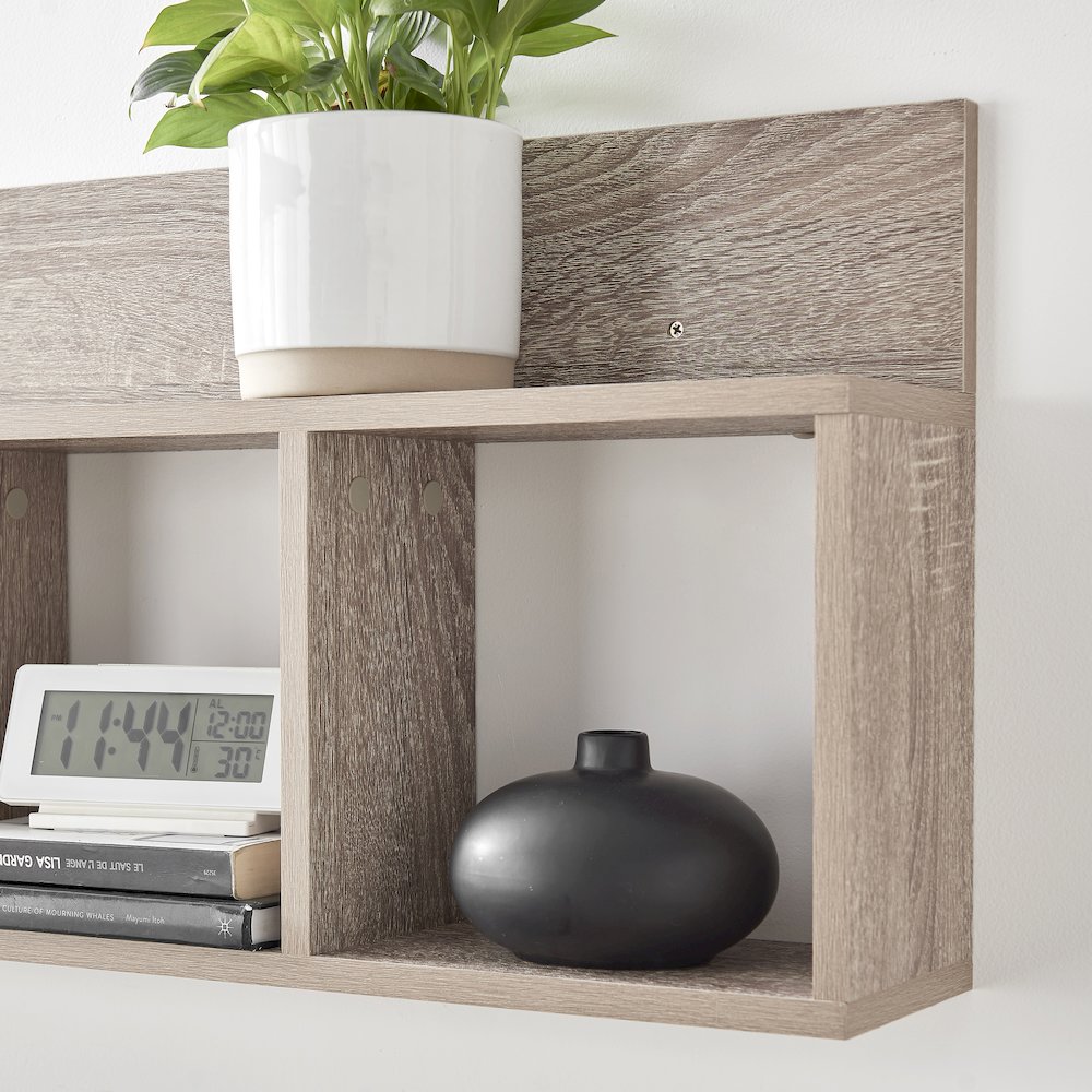 Modern 3 Cube Floating Cubby Wall Shelf with Display Ledge - Oak. Picture 7