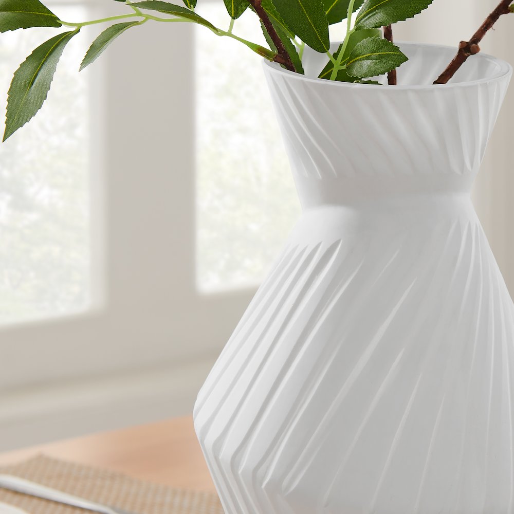 Eos Minimal White Contemporary Ribbed Angular Glass Tabletop Vase. Picture 6