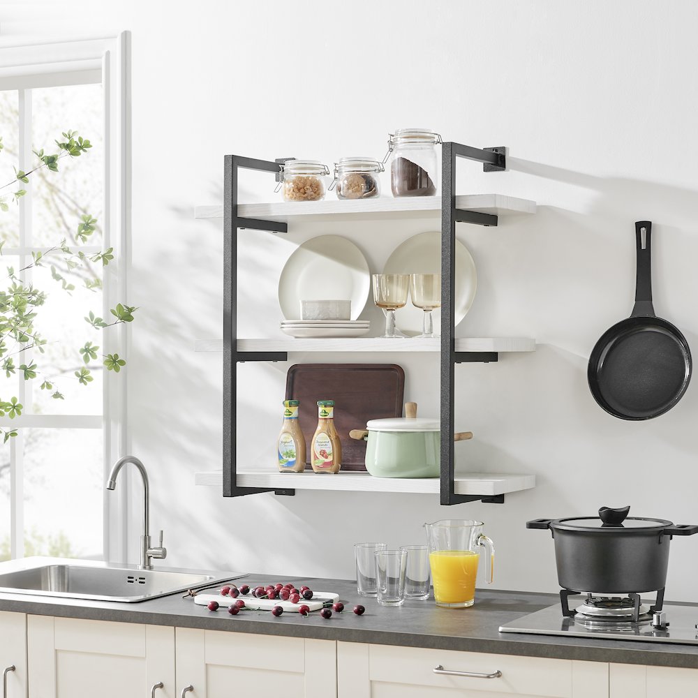Modern 3-Tier Hanging Bracket Wall Shelves in Black Metal and White Birch Finish. Picture 6