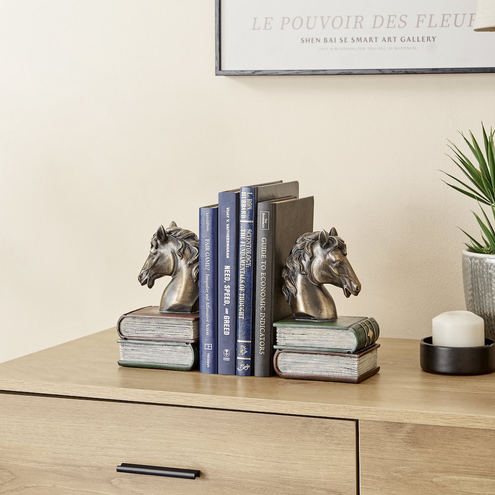 Horses on Books Polyresin Antique Patina Finish Bookend Set of 2. Picture 5