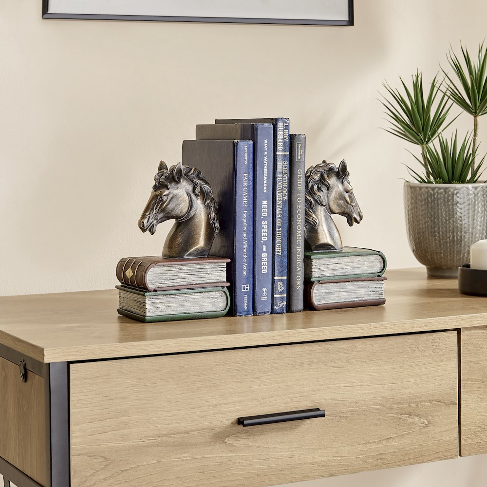 Horses on Books Polyresin Antique Patina Finish Bookend Set of 2. Picture 3