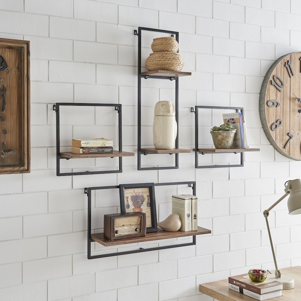 Framed Wall Art 4-Piece Modern Shelf Set - Black Metal and Rustic MDF Shelves. Picture 3