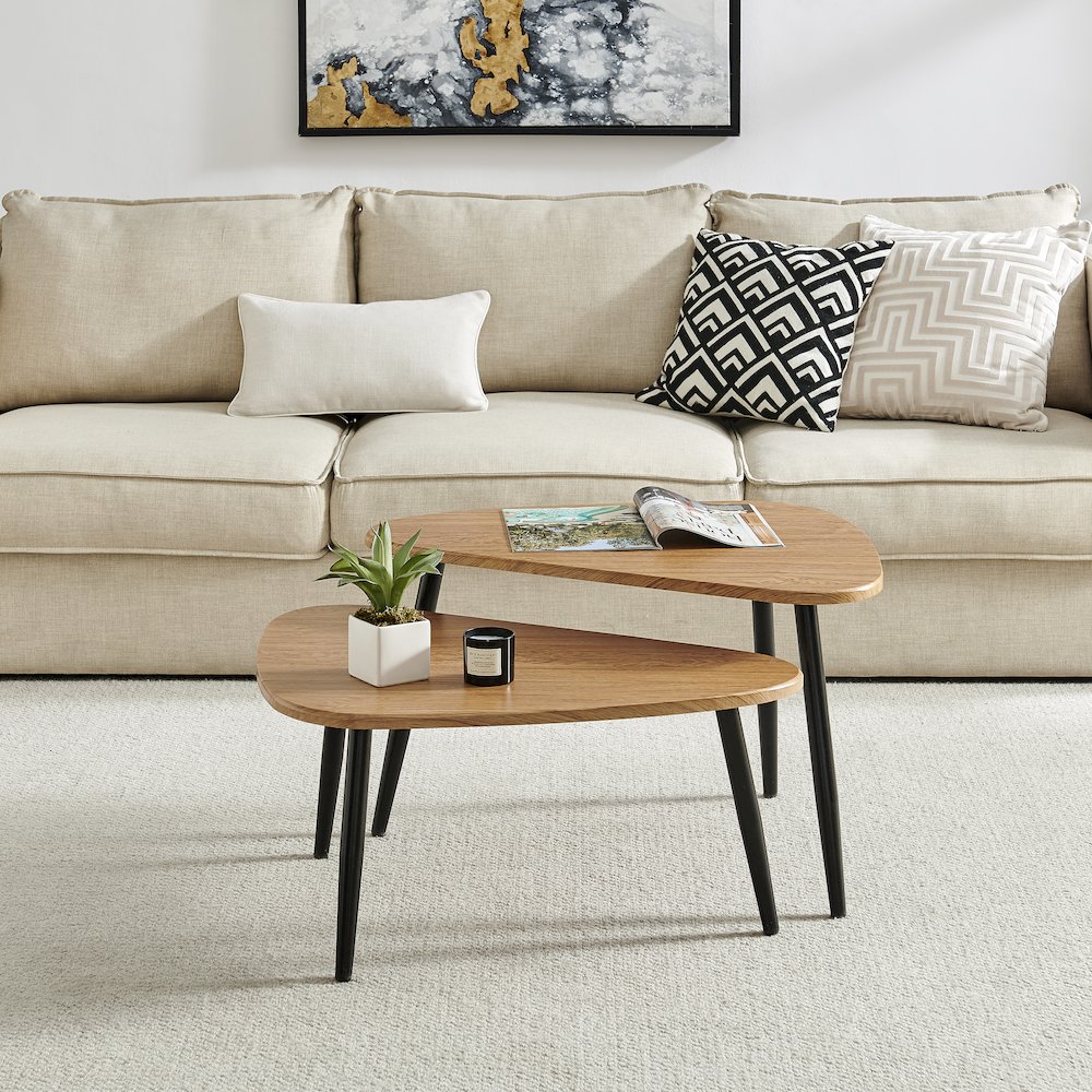 Aurora Oval Teardrop 2 Piece Semi-Nested Coffee Table Set - Natural Brown/Black. Picture 5