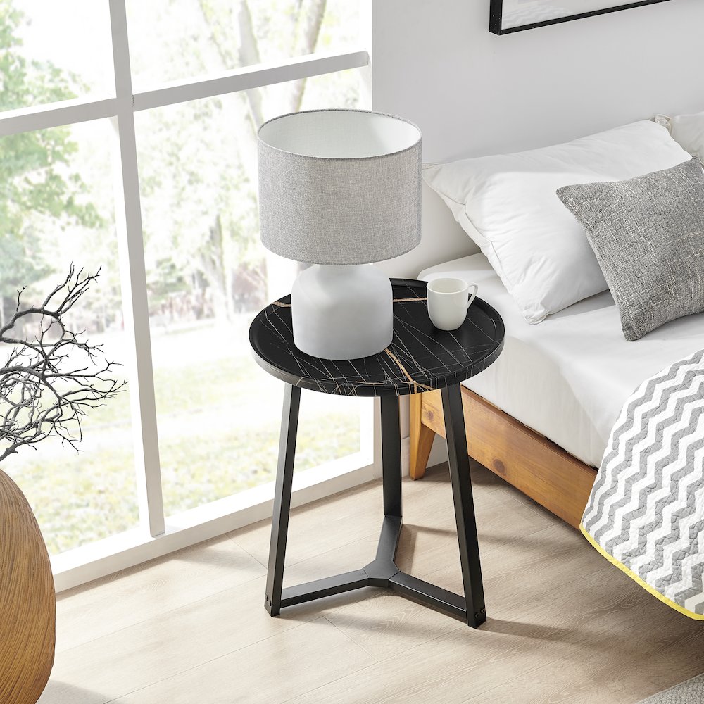 Harper Midcentury Round Raised Lip Edge Side Accent Table - Black Marble/Black. Picture 6