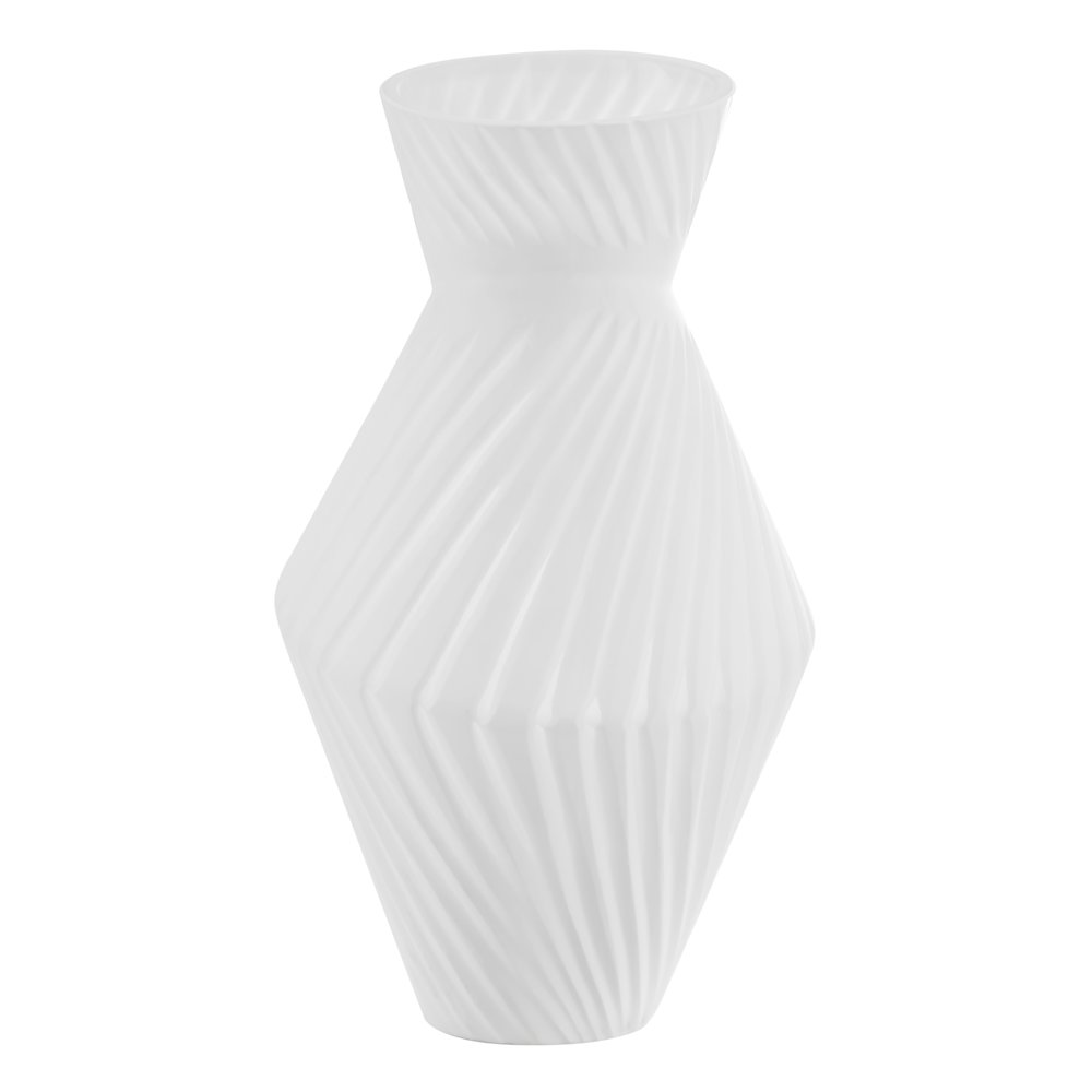 Eos Minimal White Contemporary Ribbed Angular Glass Tabletop Vase. Picture 1