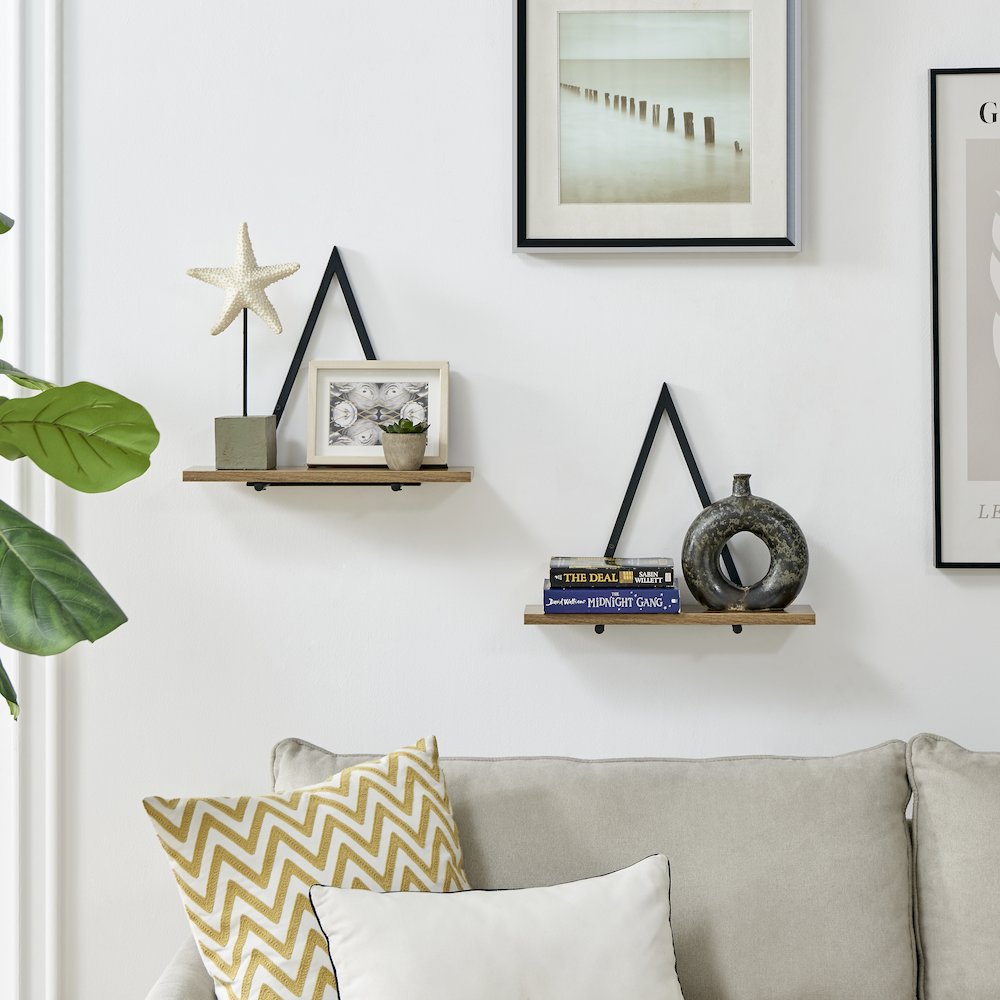 Triangle Accent Wall Shelf Reversible Configuration - Black Metal Walnut Finish. Picture 3