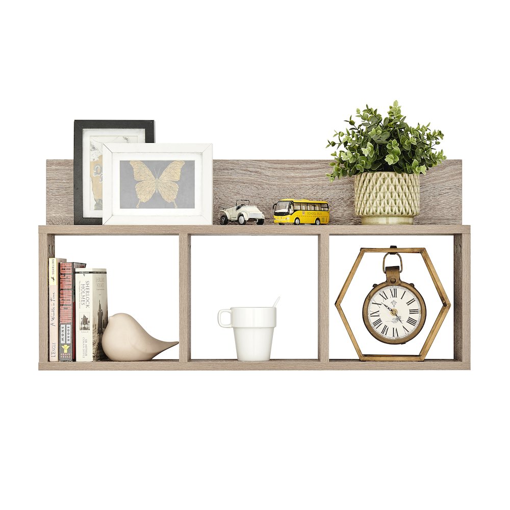 Modern 3 Cube Floating Cubby Wall Shelf with Display Ledge - Oak. Picture 8