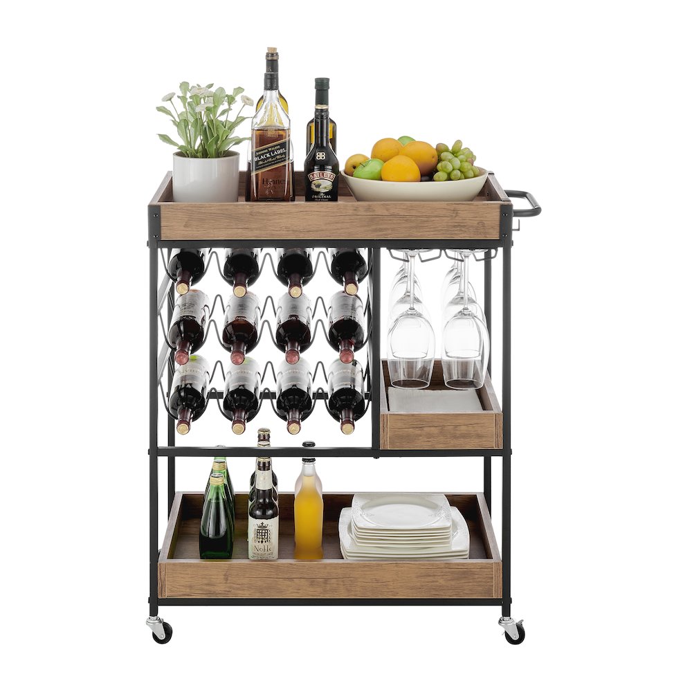 Rustic Walnut Metal Rolling Farmhouse Wine Bar Cart with Bottle and Glass Rack. Picture 12