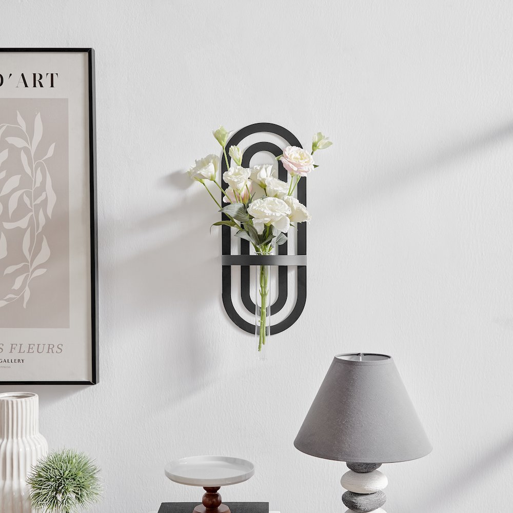 Jacob Modern Black Metal Double Oval Frame Clear Glass Wall Mounted Vase. Picture 2