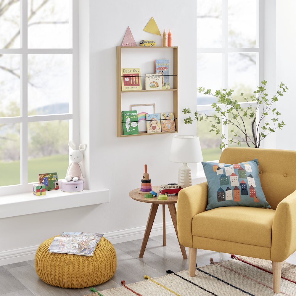 Steiner Beech Square 2-Tier Kids Book or Toy Figure Wall Bookshelf - Black Rods. Picture 5