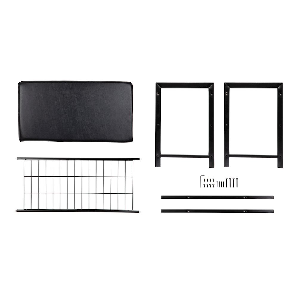 Black Leatherette Entryway Bench with Two Black Metal Shoe Racks. Picture 10