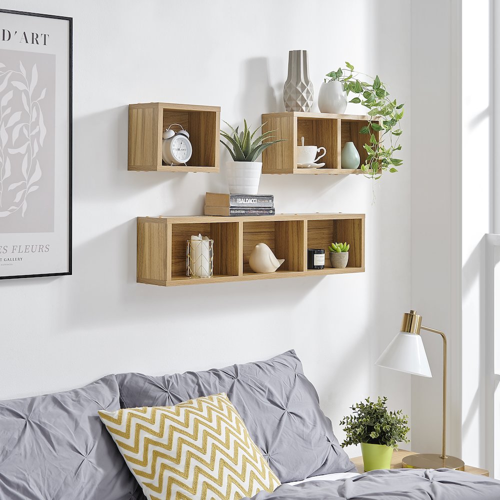 Bauhaus Floating Geometric Cubby Wall Shelves - Set of 3 Sizes - Chestnut. Picture 6
