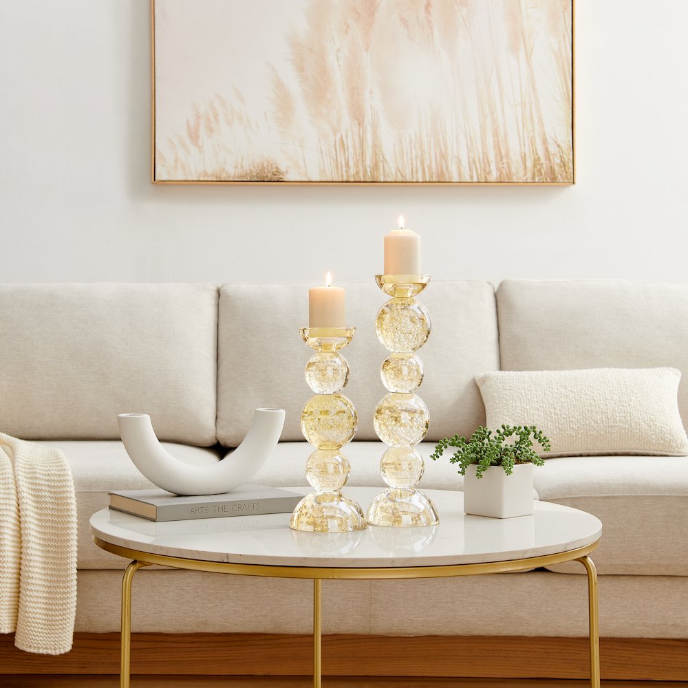 Enya Champagne Gold Tint Bubble Glass Stacked Orb Pillar Candle Holder Set of 2. Picture 5