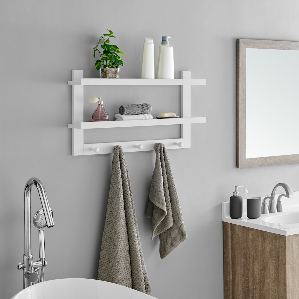 Two-Tier Ledge Shelf Wall Organizer with Five Hanging Hooks - White. Picture 4