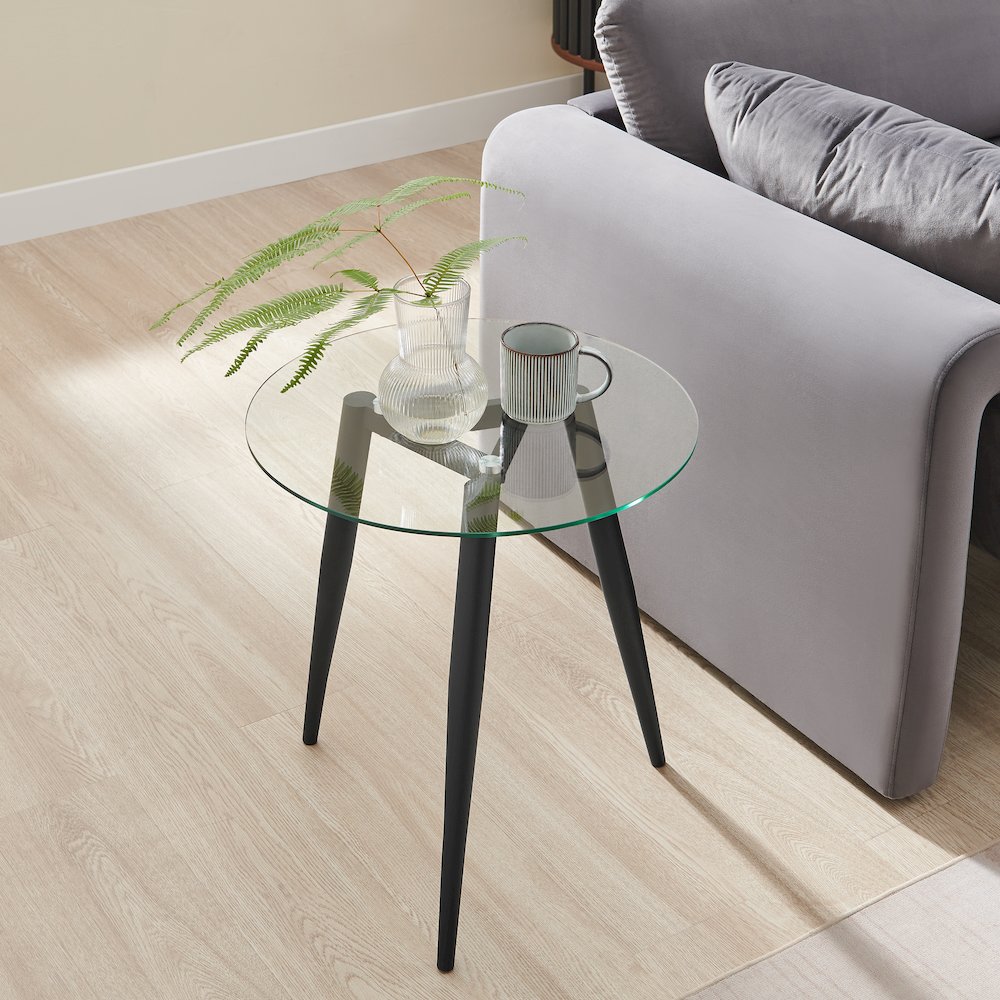 Van Beuren Side Table Modern Metal Taper Legs and Clear Glass Tabletop - Black. Picture 6
