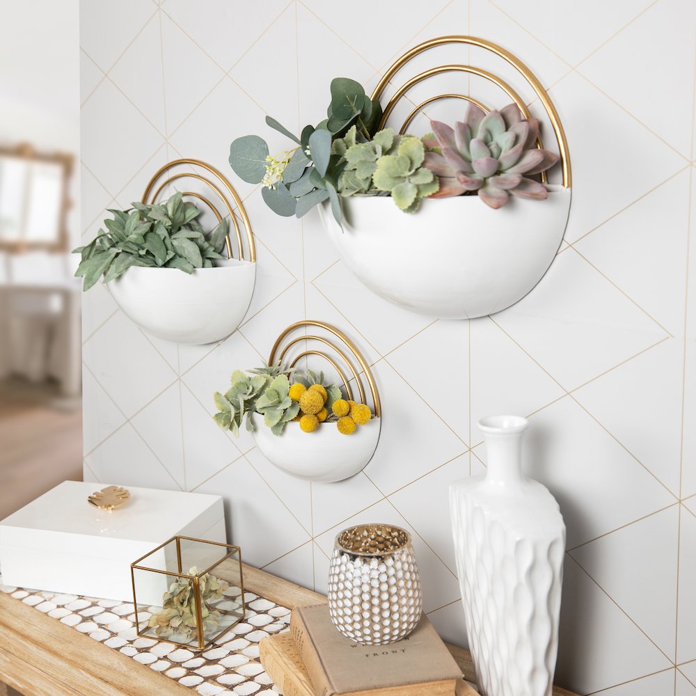 Crescent 3-Piece Metal Wall Planter Set - White with Gold Detail. Picture 3