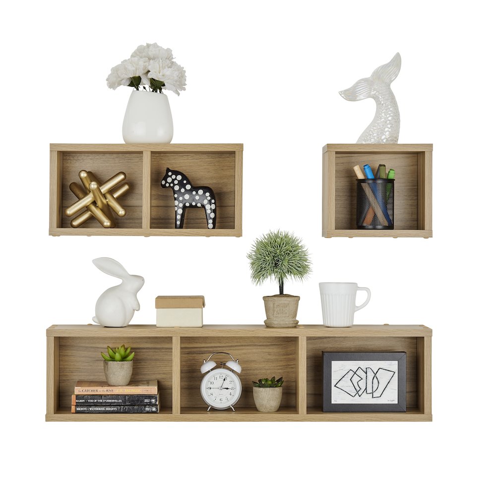 Bauhaus Floating Geometric Cubby Wall Shelves - Set of 3 Sizes - Chestnut. Picture 11