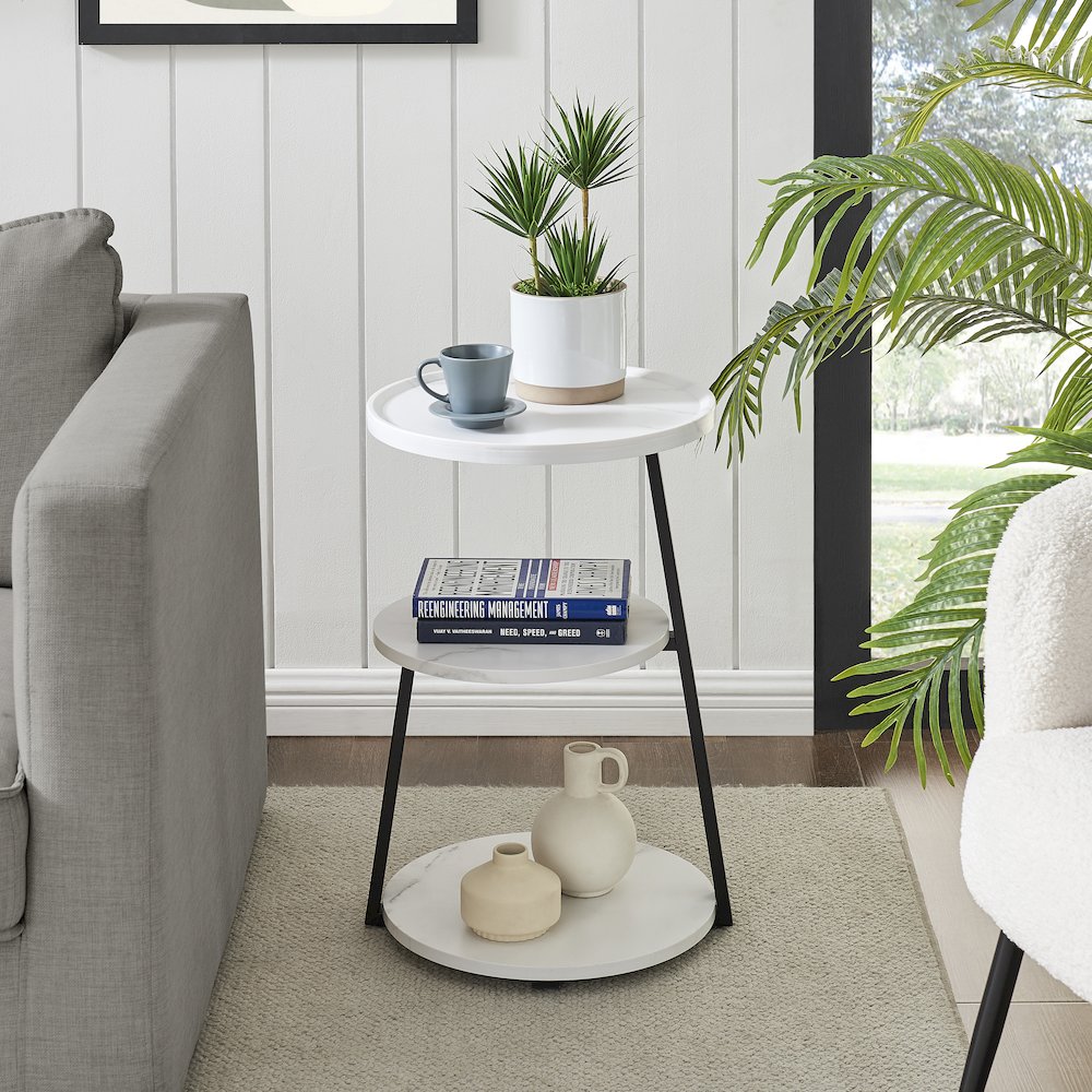 Skylar Round 3-Tier Side Accent Table with Raised Lip Edge - White Marble/Black. Picture 2
