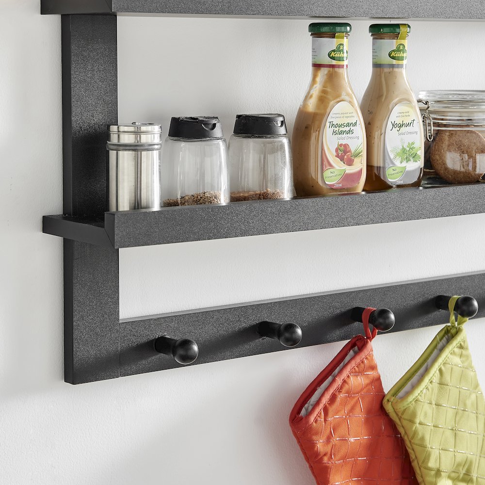 2-Tier Ledge Wall Shelf Organizer with 5 Hanging Coat or Towel Hooks - Black. Picture 8