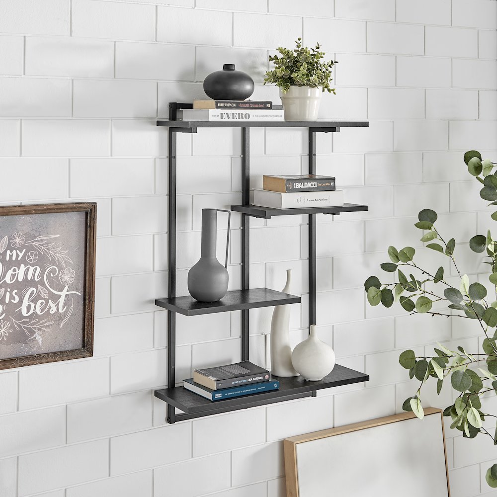 Rhodes 4 Tier Windowsill Wall Shelf with Black Metal Frame Black MDF Shelves. Picture 3