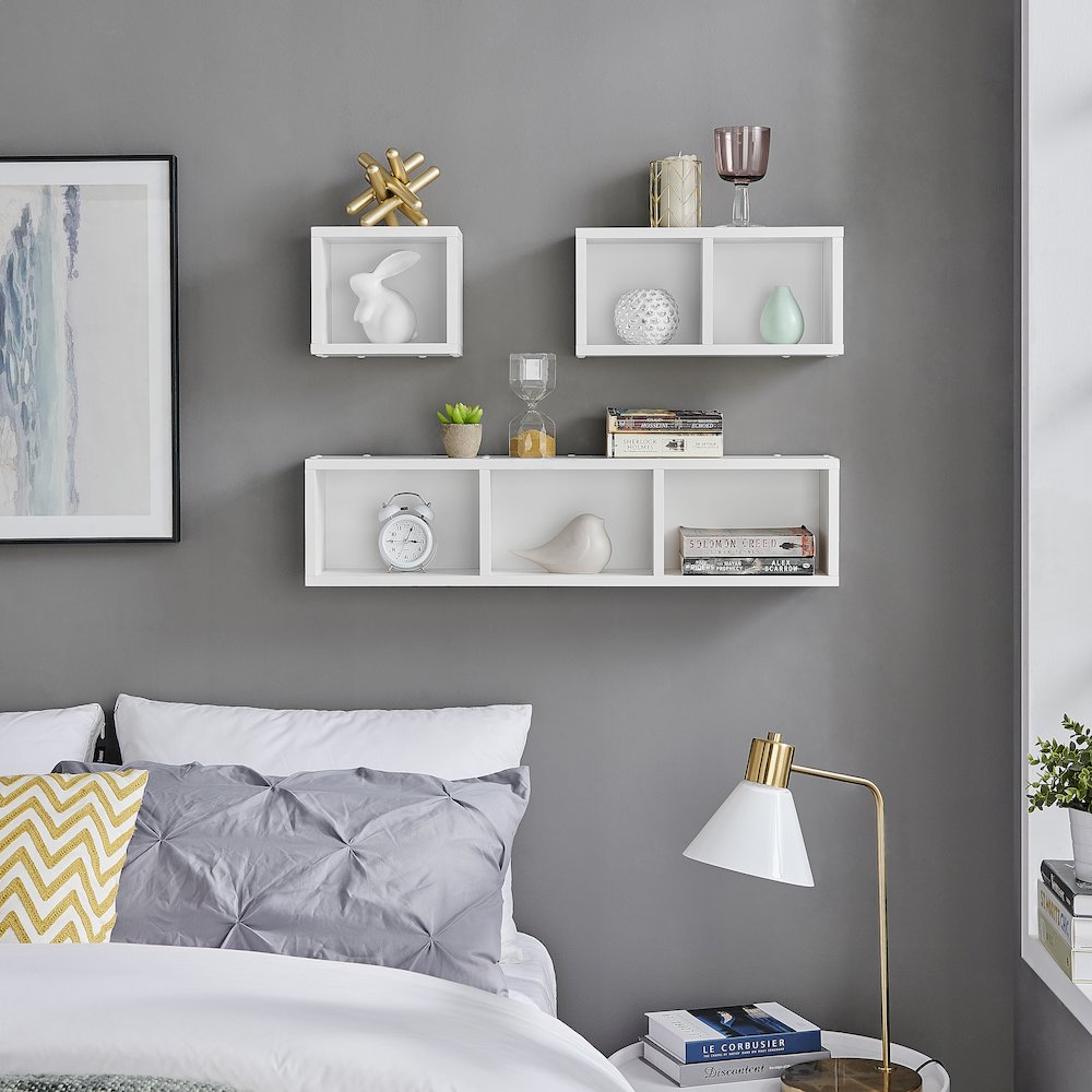 Bauhaus Floating Geometric Cubby Wall Shelves - Set of 3 Sizes - White. Picture 3