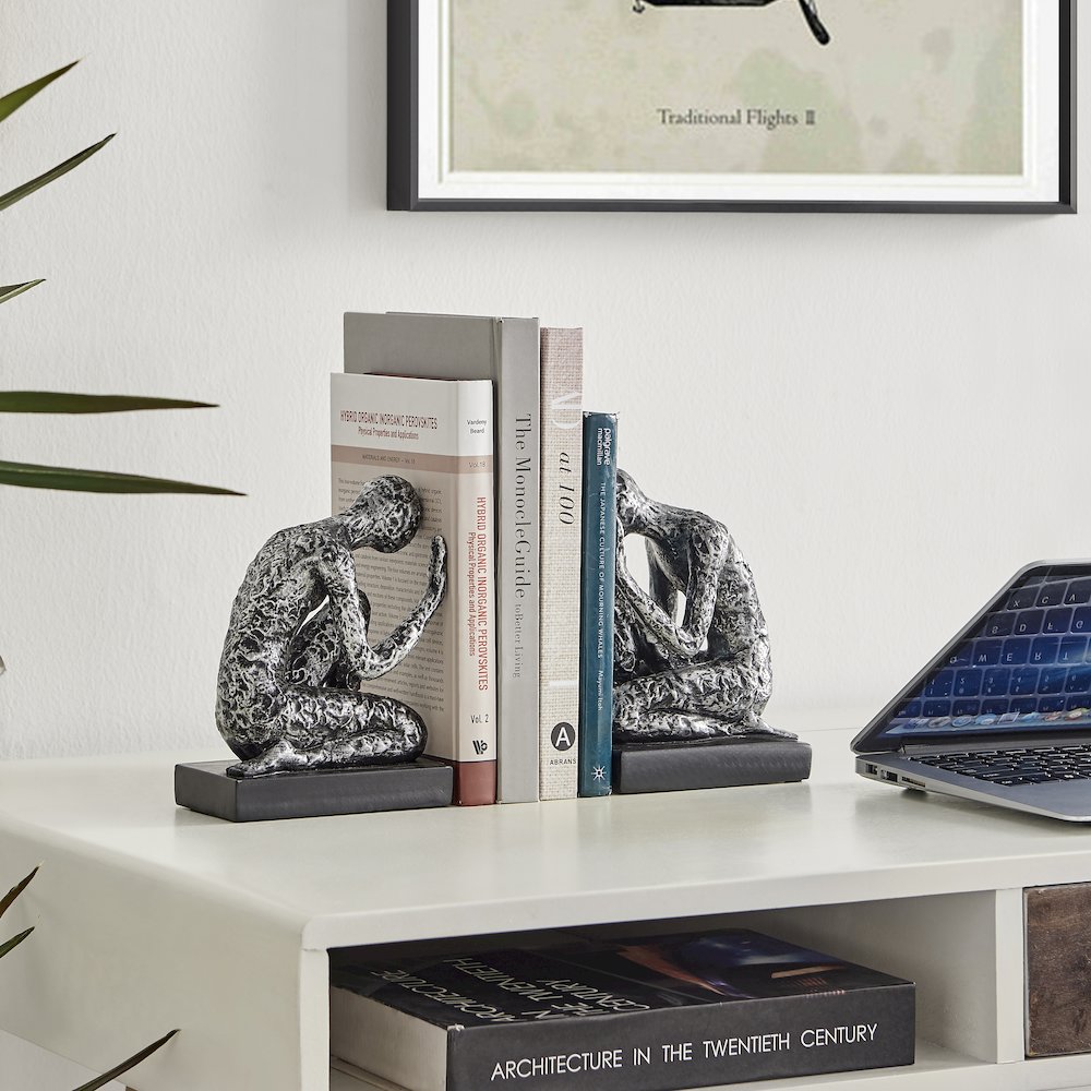 Kneeling Figure Sculptures Polyresin Silver and Black Bookend Set of 2. Picture 2
