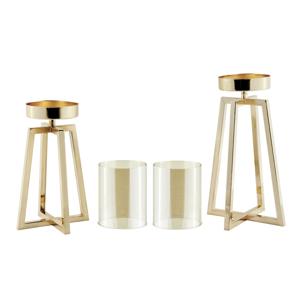 Maeve Tinted Glass Warm Gold Pedestal Hurricane Candle Holders - Set of 2. Picture 13