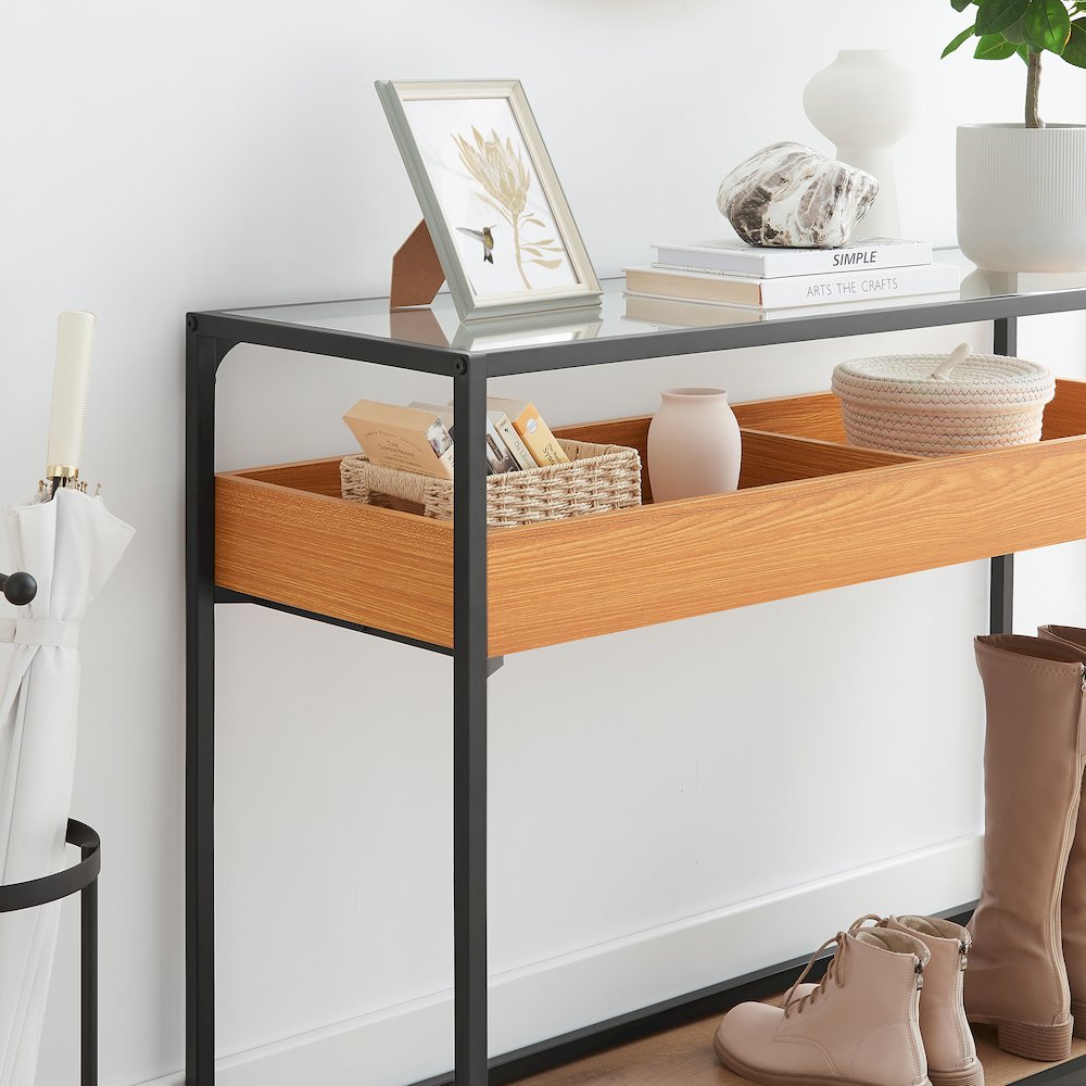 Saarinen 2-Level Sunken Glass Display Shelf Rectangle Console Table - Golden Oak. Picture 10