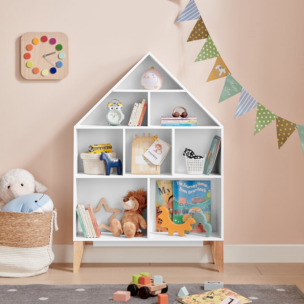 Steiner White Dollhouse 8-Compartment Kids Freestanding Bookshelf - Beech Legs. Picture 2
