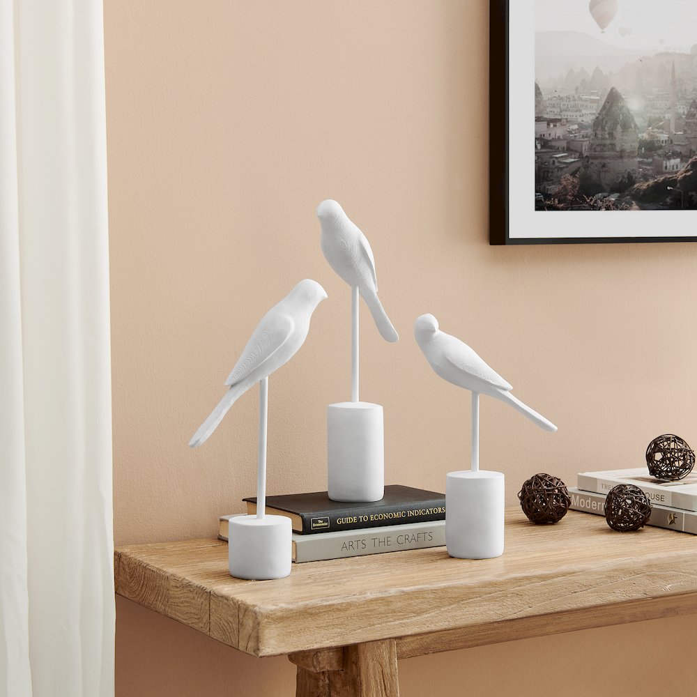 Ren Bird Perched White Ornament Sculpture Figurines - Set of 3. Picture 3