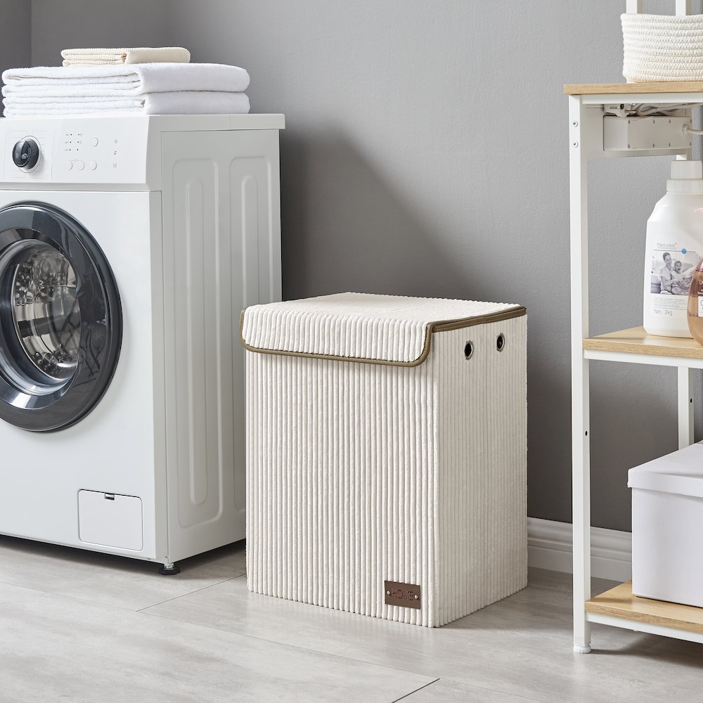 Collapsible Folding Corduroy Laundry Hamper Storage - Cream White. Picture 6