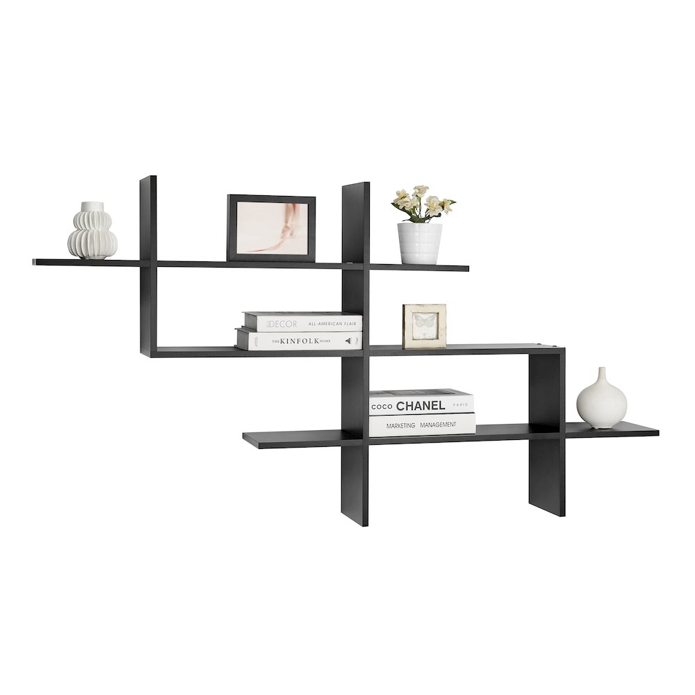 3-Tier Ladder Cantilever Asymmetrical Cubby Accent Wall Shelf – Black. Picture 9