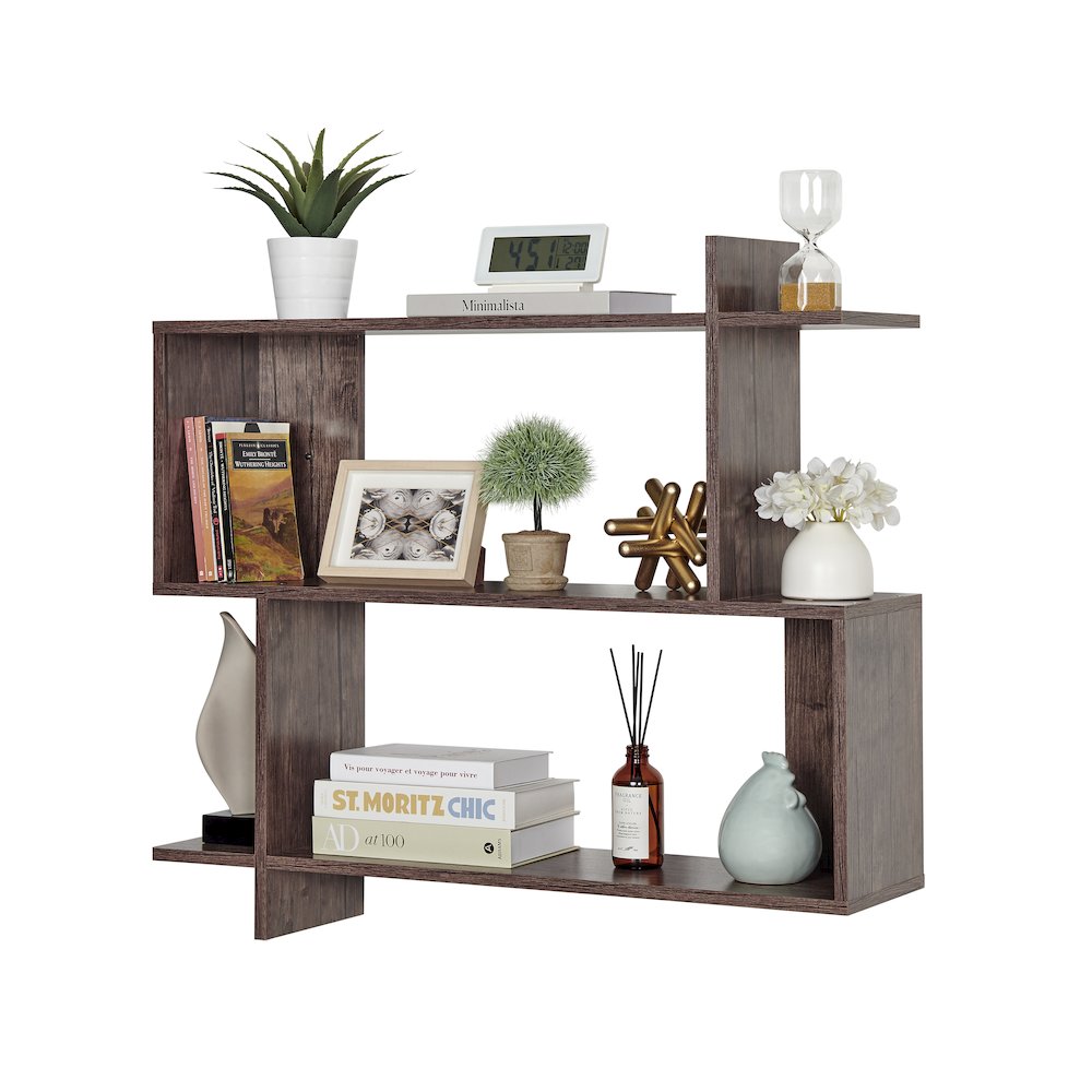 Manasa Floating Geometric Kilter Two-Tier Wall Shelf - Hickory. Picture 8