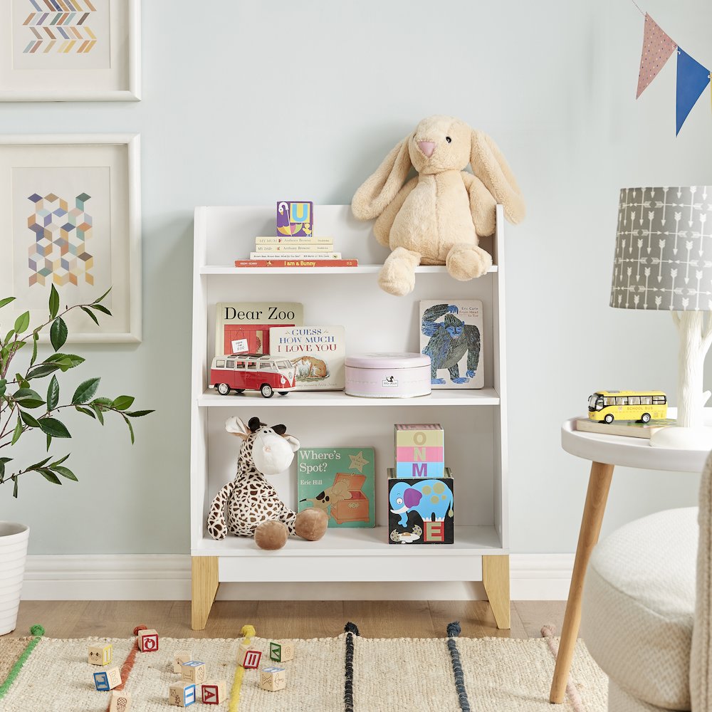Steiner White 3-Tier Kids Freestanding Bookshelf - Contrasting Wood-Toned Legs. Picture 3