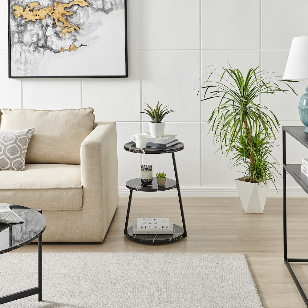 Skylar Round 3-Tier Side Accent Table with Raised Lip Edge - Black Marble/Black. Picture 6