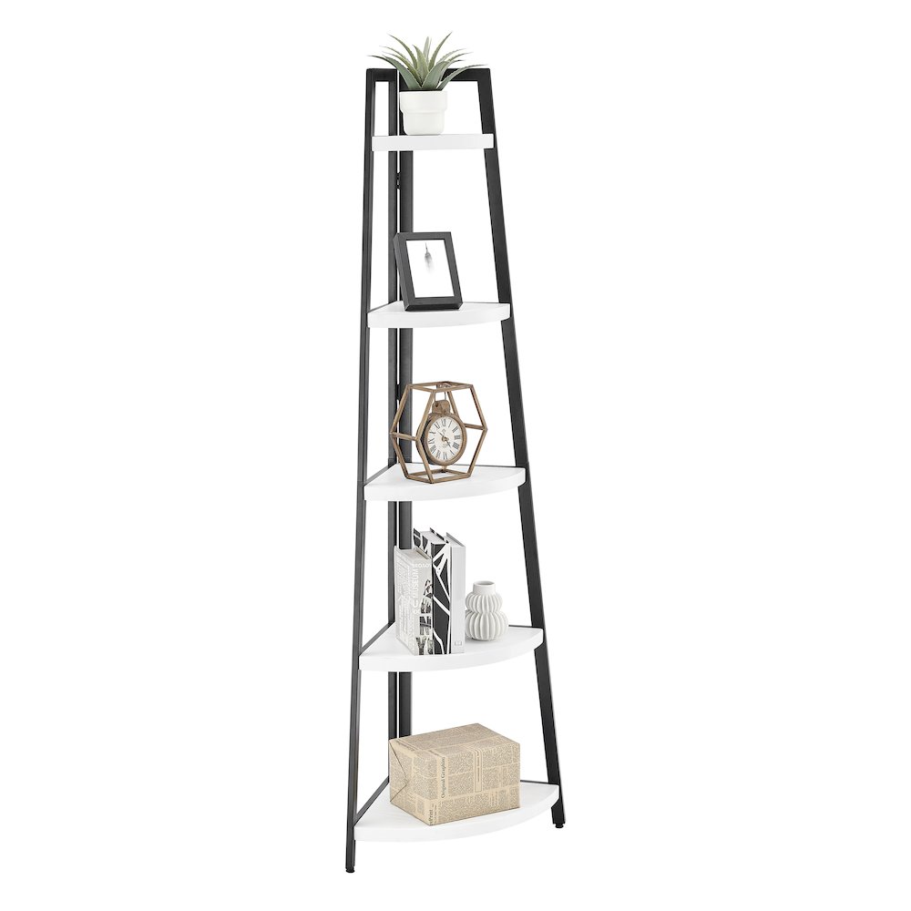 Free-Standing 5-Tier Pyramid Corner Shelf in Black Metal with White MDF Shelves. Picture 9