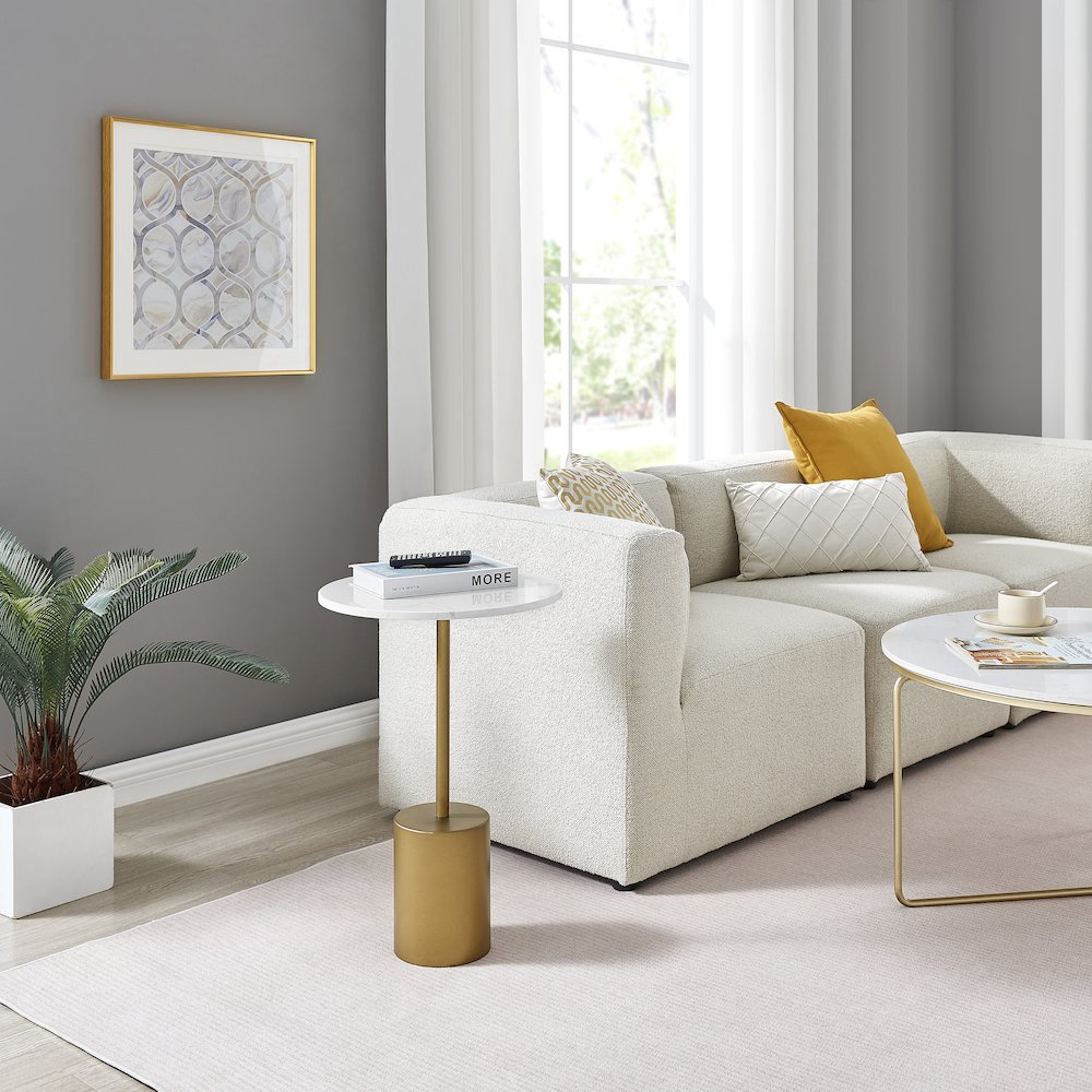 Fritz Pedestal Side Accent Table with Gold Metal Base Genuine White Marble Stone. Picture 4