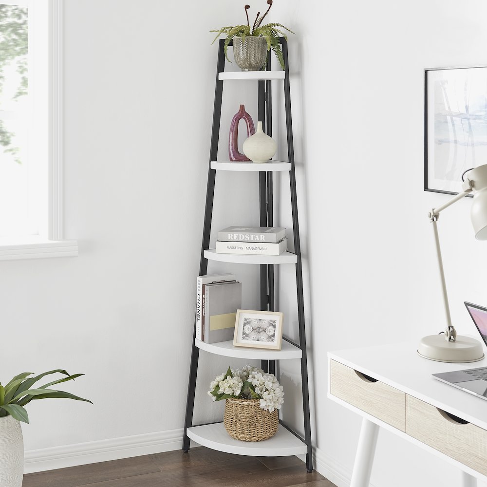 Free-Standing 5-Tier Pyramid Corner Shelf in Black Metal with White MDF Shelves. Picture 3