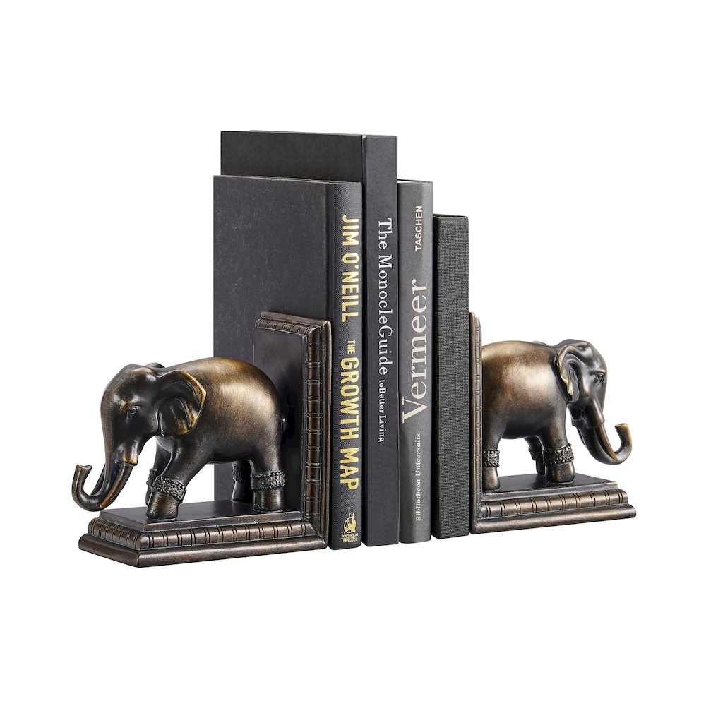 Ornate Elephants Polyresin Bronze Patina Finish Bookend Set of 2. Picture 1