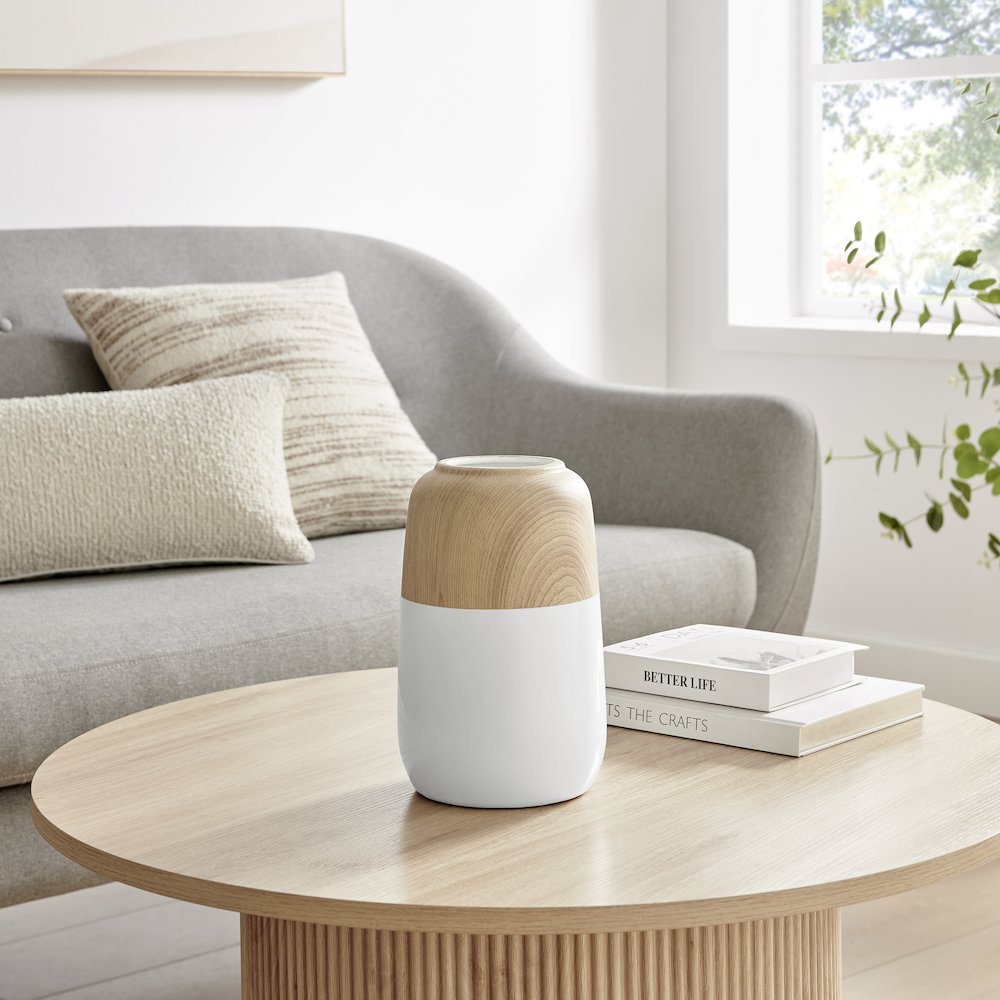 Nora Burk Contemporary Two Tone Cylindrical Tabletop Vase - White and Beech. Picture 2