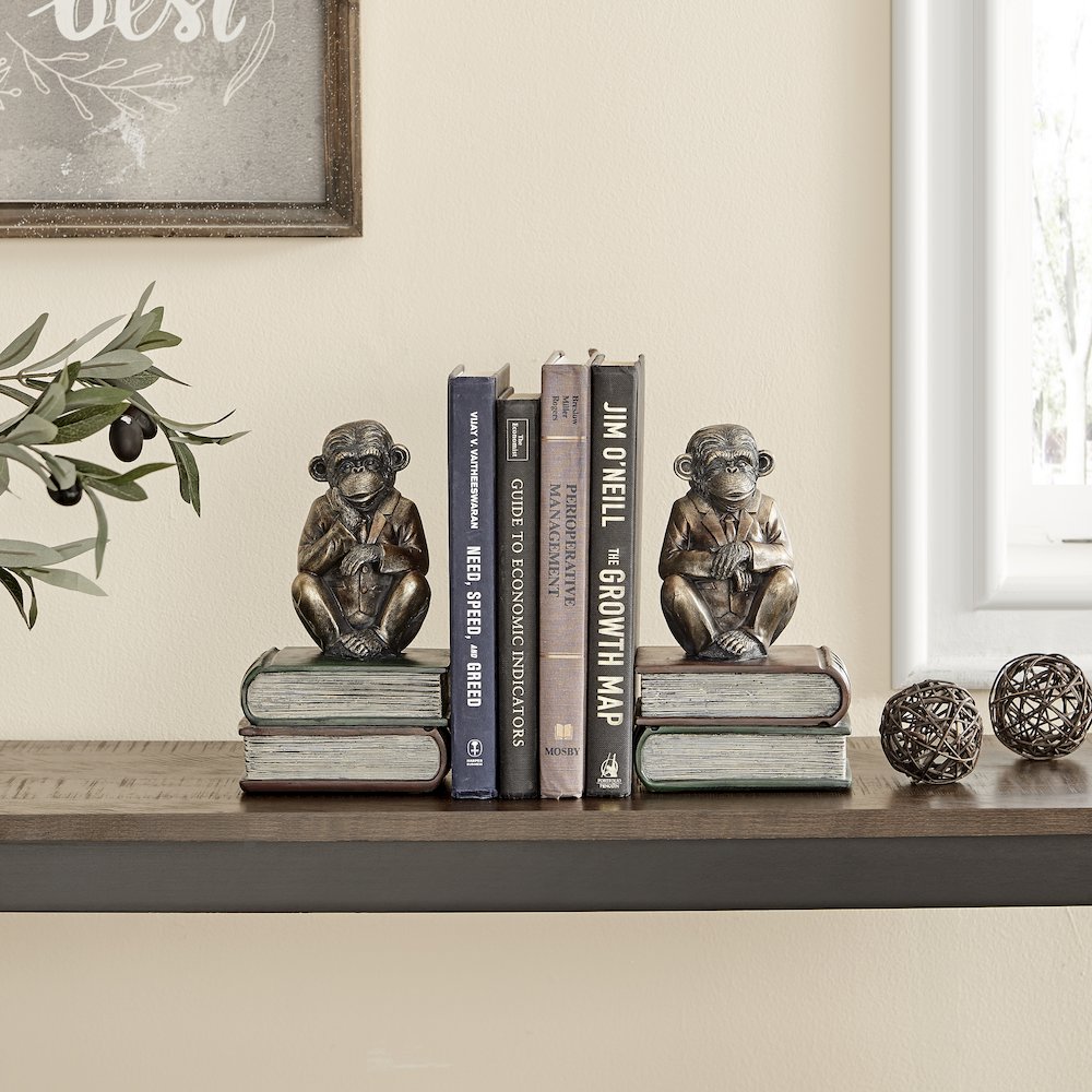 Monkeys on Books Polyresin Antique Patina Finish Bookend Set of 2. Picture 4