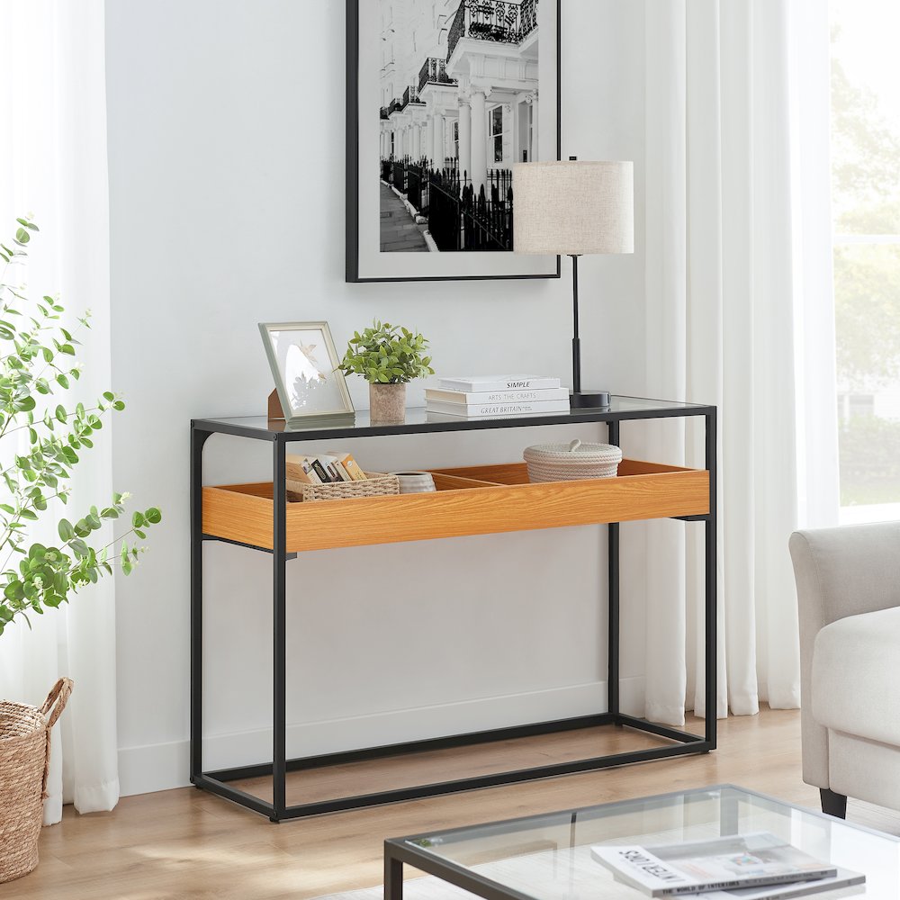 Saarinen 2-Level Sunken Glass Display Shelf Rectangle Console Table - Golden Oak. Picture 6
