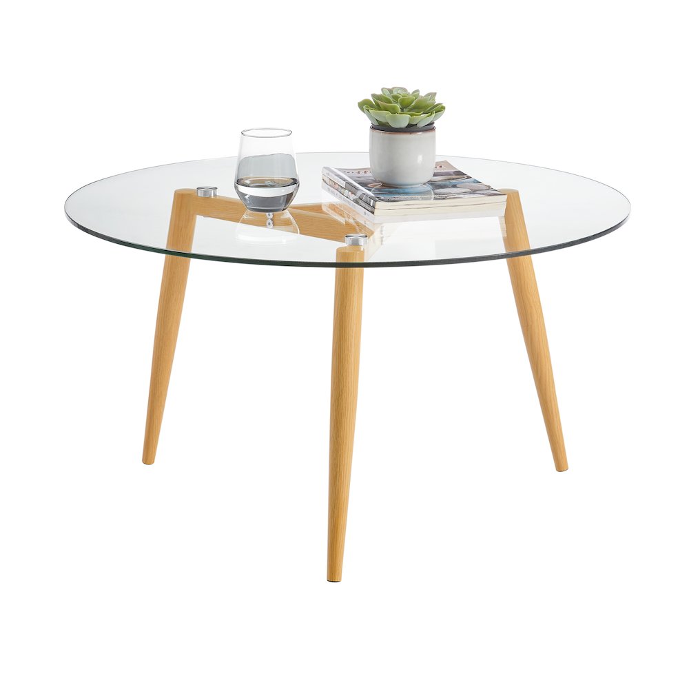 Van Beuren Coffee Table with Metal Taper Legs and Clear Glass Tabletop - Beech. Picture 10