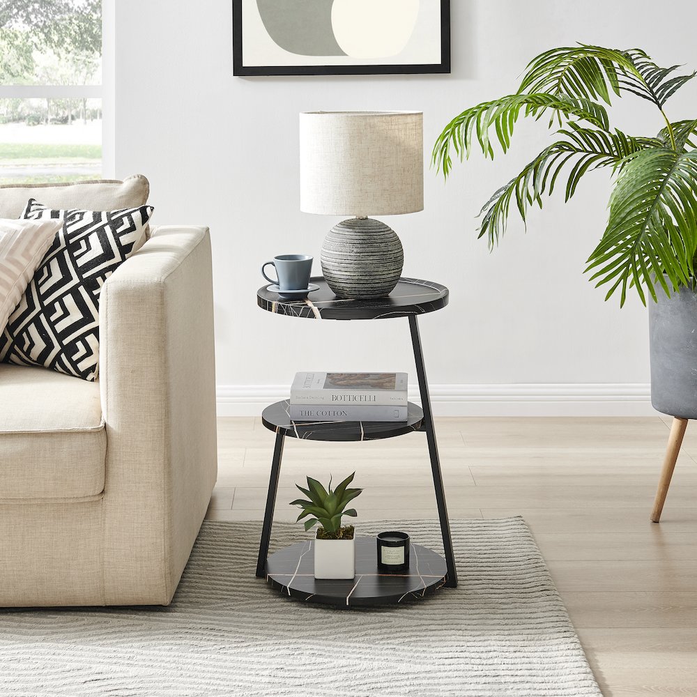 Skylar Round 3-Tier Side Accent Table with Raised Lip Edge - Black Marble/Black. Picture 2