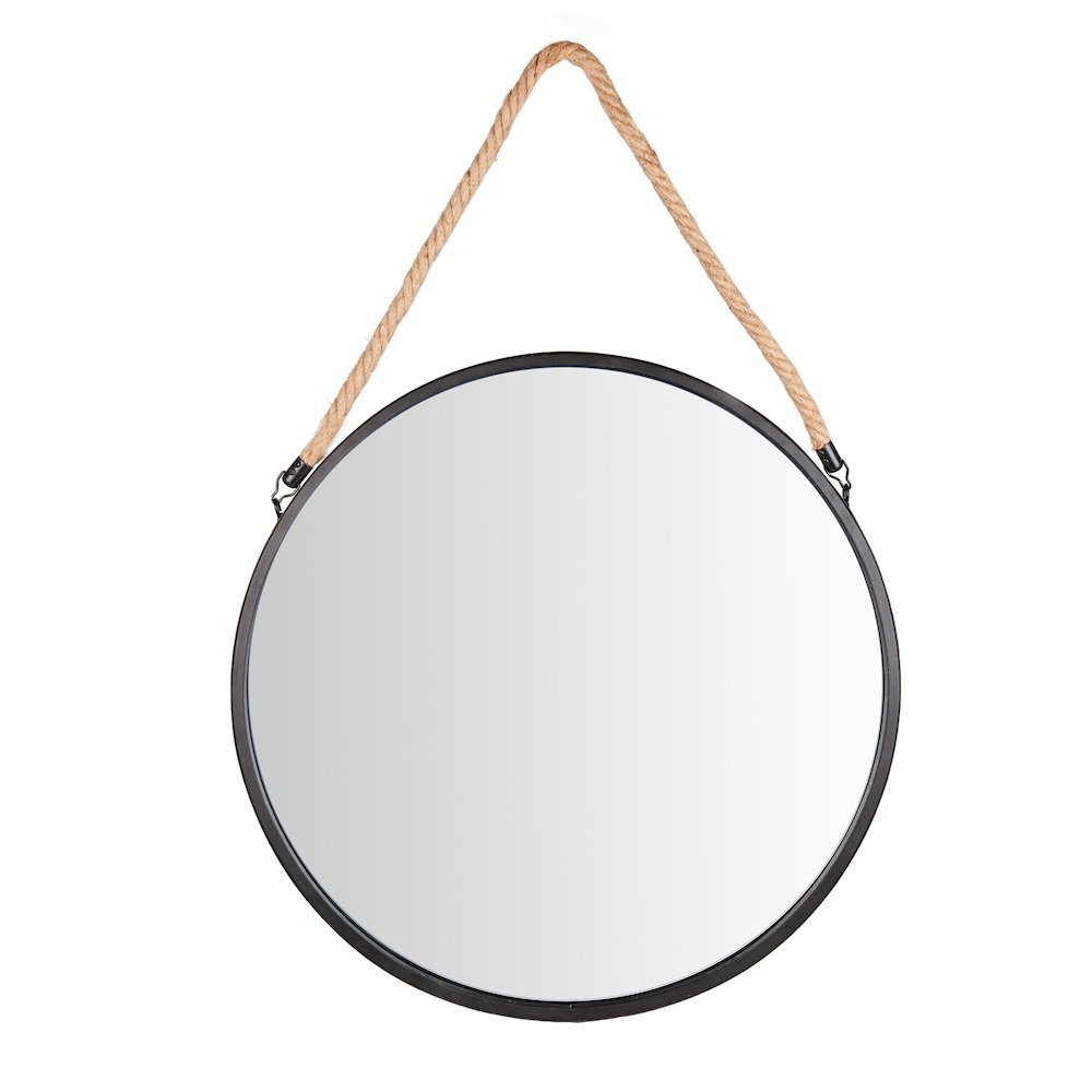 Framed 20" Decorative Round Black Metal Circle Wall Mirror with Hanging Rope. Picture 1