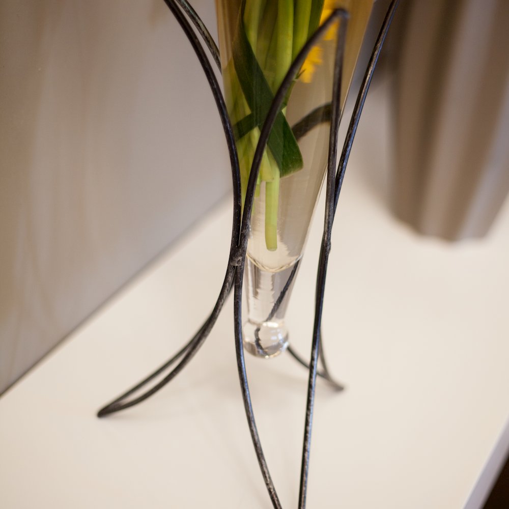 Clear Amphora Vase on Half Moon Metal Stand. Picture 5