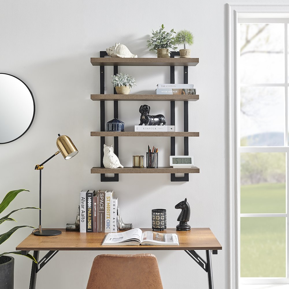 4-Tier Floating Bracket Wall Shelf - Black Metal and Walnut Finish. Picture 2