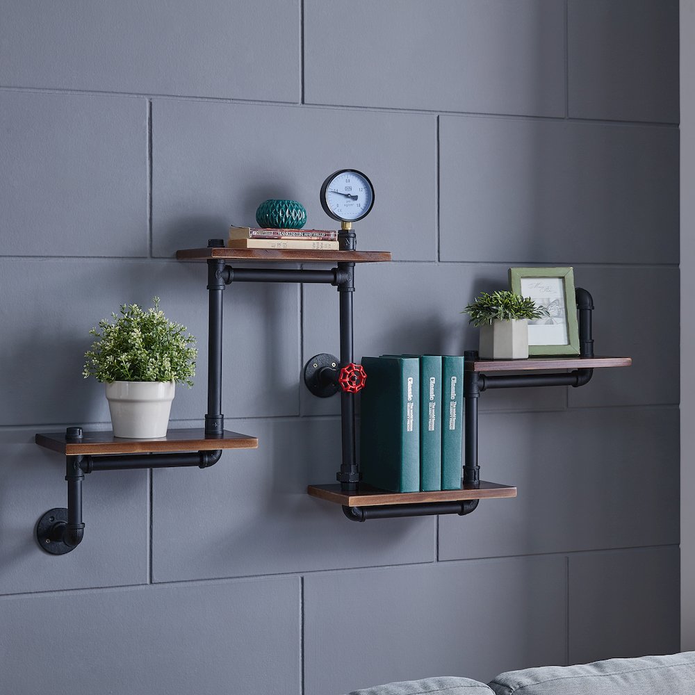 4-Tier Floating Corner Or Straight Rustic Pipe Shelving – Wall Mount. Picture 5
